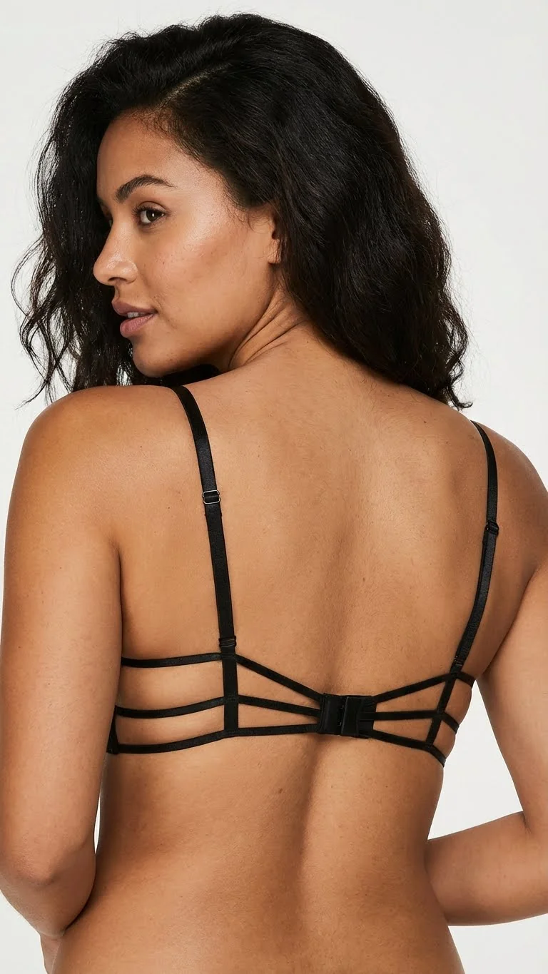 LunaIntim Gece Siyahı Strappy İpli Push-Up Sütyen Yanları Şerit Detaylı Model - Arka Görünüm